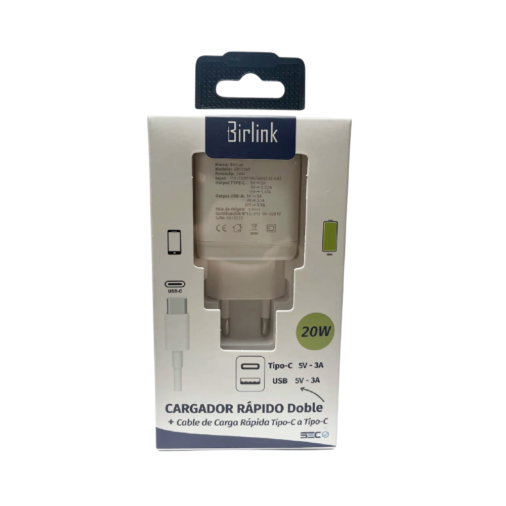 Cargador Rápido Doble 20W con Cable Tipo C Birlink