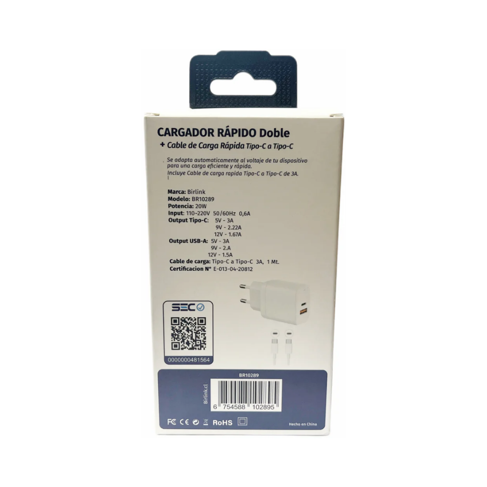 Cargador Rápido Doble 20W con Cable Tipo C Birlink
