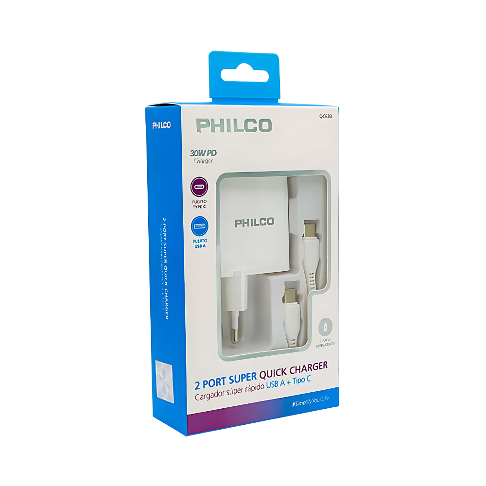 Cargador Súper Rápido USB C 3.0 30W Philco