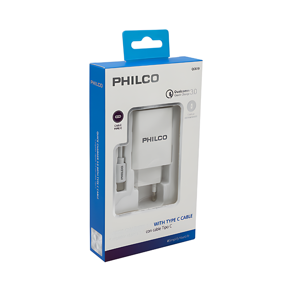 Cargador USB Inteligente con Cable Tipo C Philco