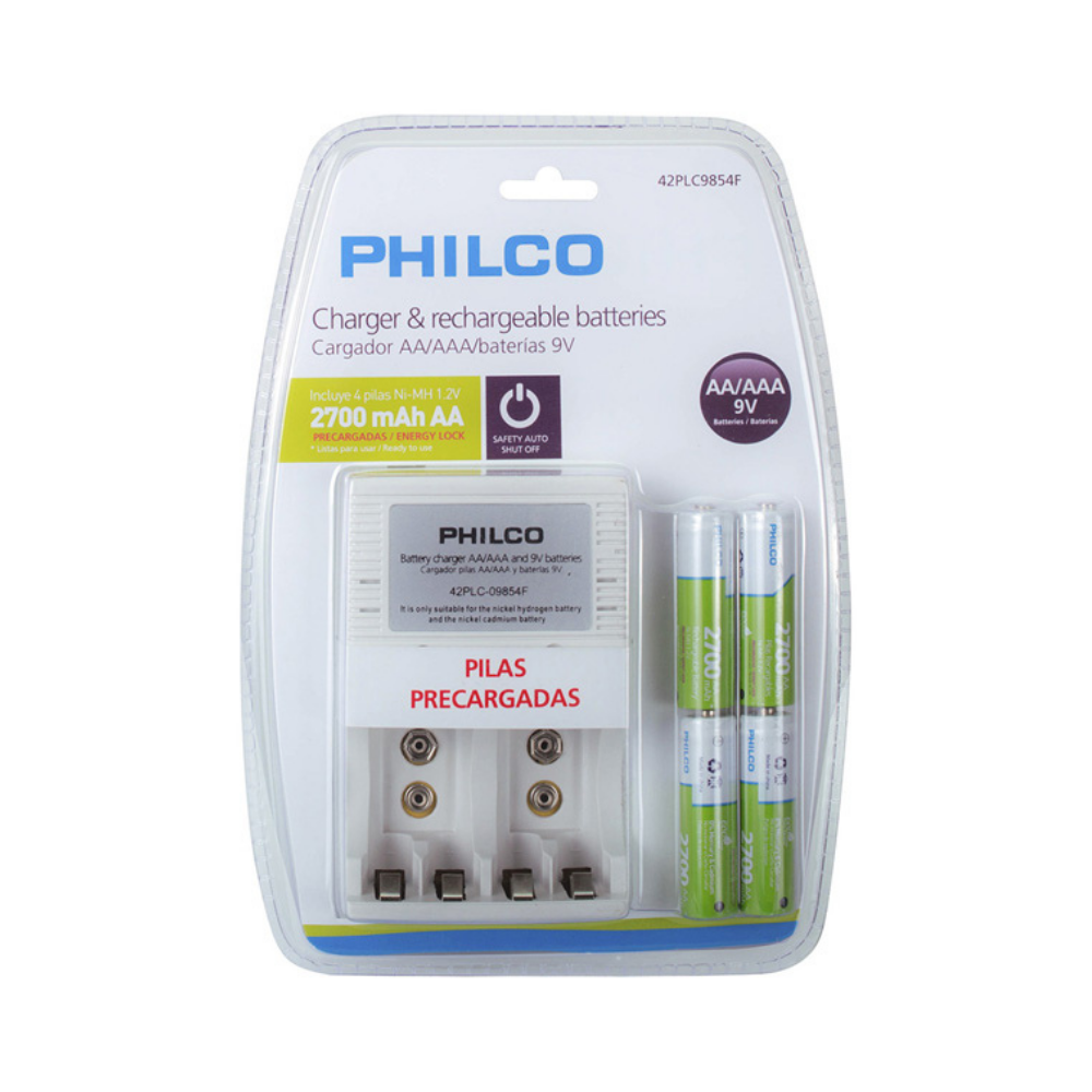 Cargador con 4 Pilas AA 2700 mAh Pre-Cargadas Philco