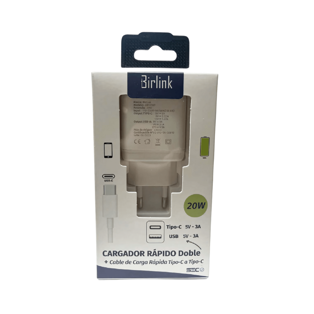 Cargador Rápido Doble 20W con Cable Tipo C Birlink - Espacio música
