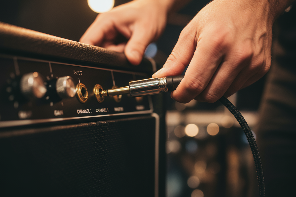 musico coenctando el cable de su guitarra a un amplificador, que la imagen se centro en cable y el conector